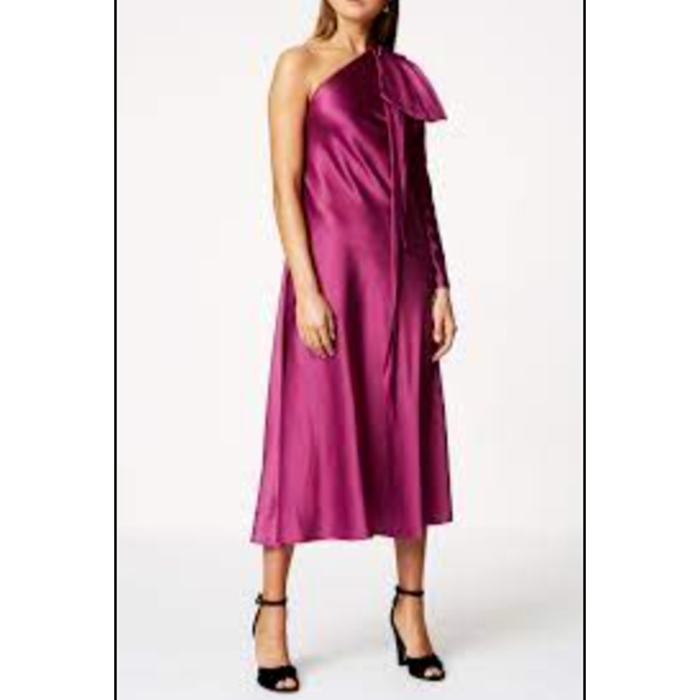 Scanlan Theodore Women 2 Dress The Satin Draped Shoulder Midi Neck‎ Tie Fuschia